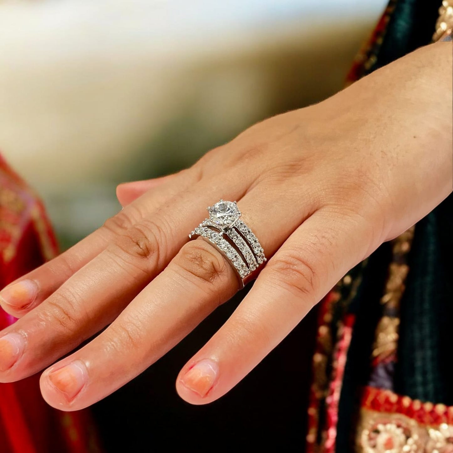 Three Stone Studded Line With Single Swarovski Stone Cockatil Ring