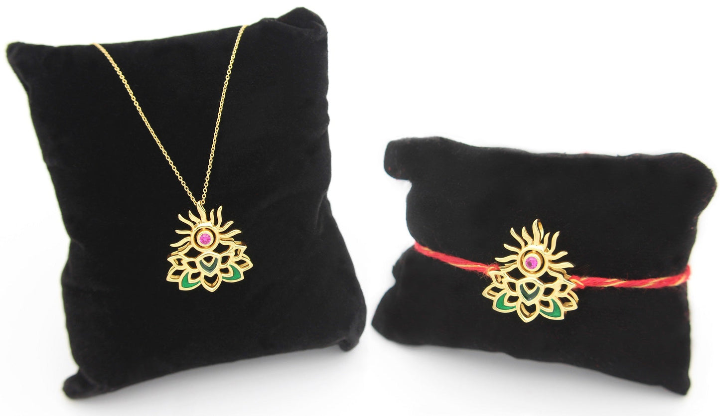 925 Sterling Silver 24kt Gold Plated Lotus Flower Rakhi Cum Pendant for Brother
