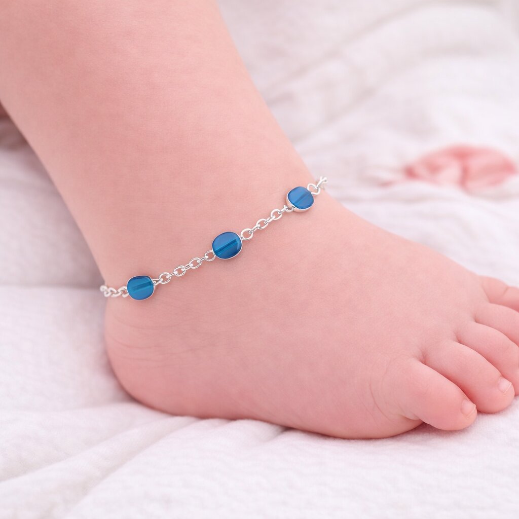 Silver Anklet with Midnight Blue Crystal Charms for Baby Girls (Pair)