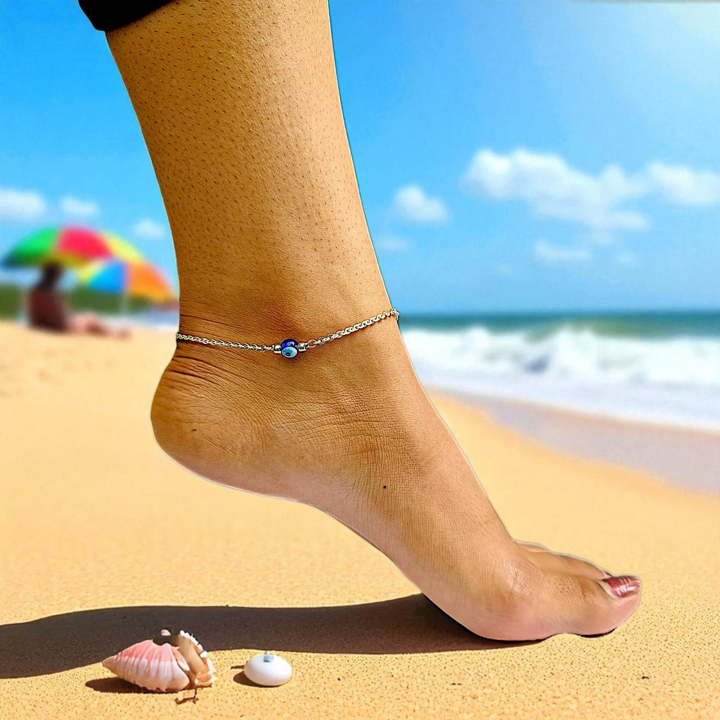 Silver Evil Eye Design Anklet (Single)