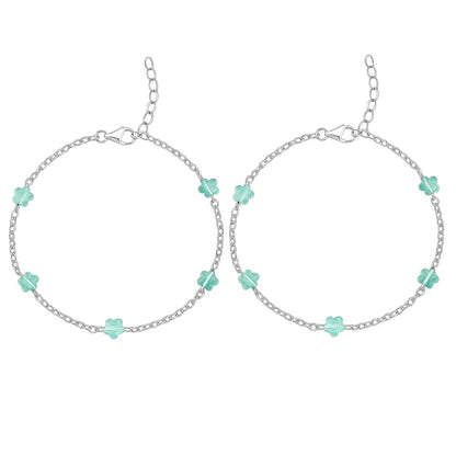 Silver Anklet with Blue Glass Flower Beads (Pair)