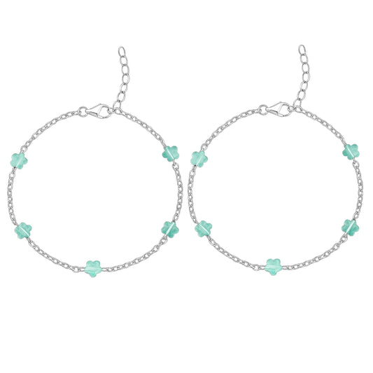 Silver Anklet with Blue Glass Flower Beads (Pair)