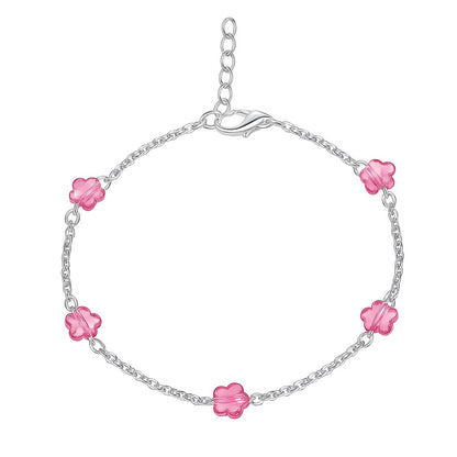 Silver Anklet with Pink Glass Flower Beads (Pair)
