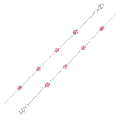 Silver Anklet with Pink Glass Flower Beads (Pair)
