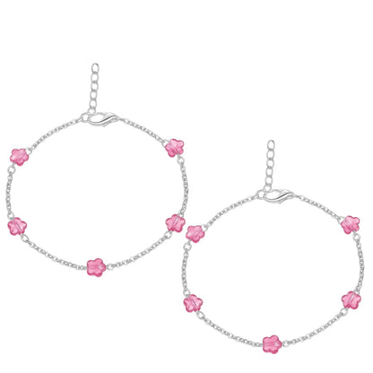 Silver Anklet with Pink Glass Flower Beads (Pair)