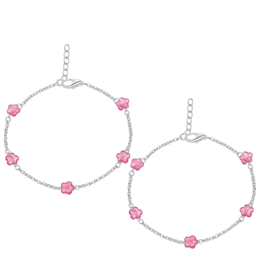 Silver Anklet with Pink Glass Flower Beads (Pair)