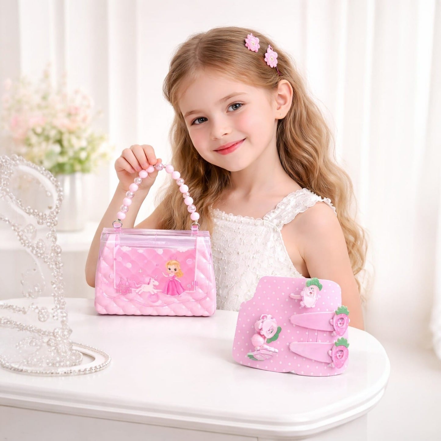 Kids Hair Accessories Set for Girls with Pink Princess Handbag
