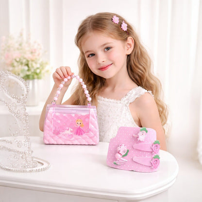 Kids Hair Accessories Set for Girls with Pink Princess Handbag