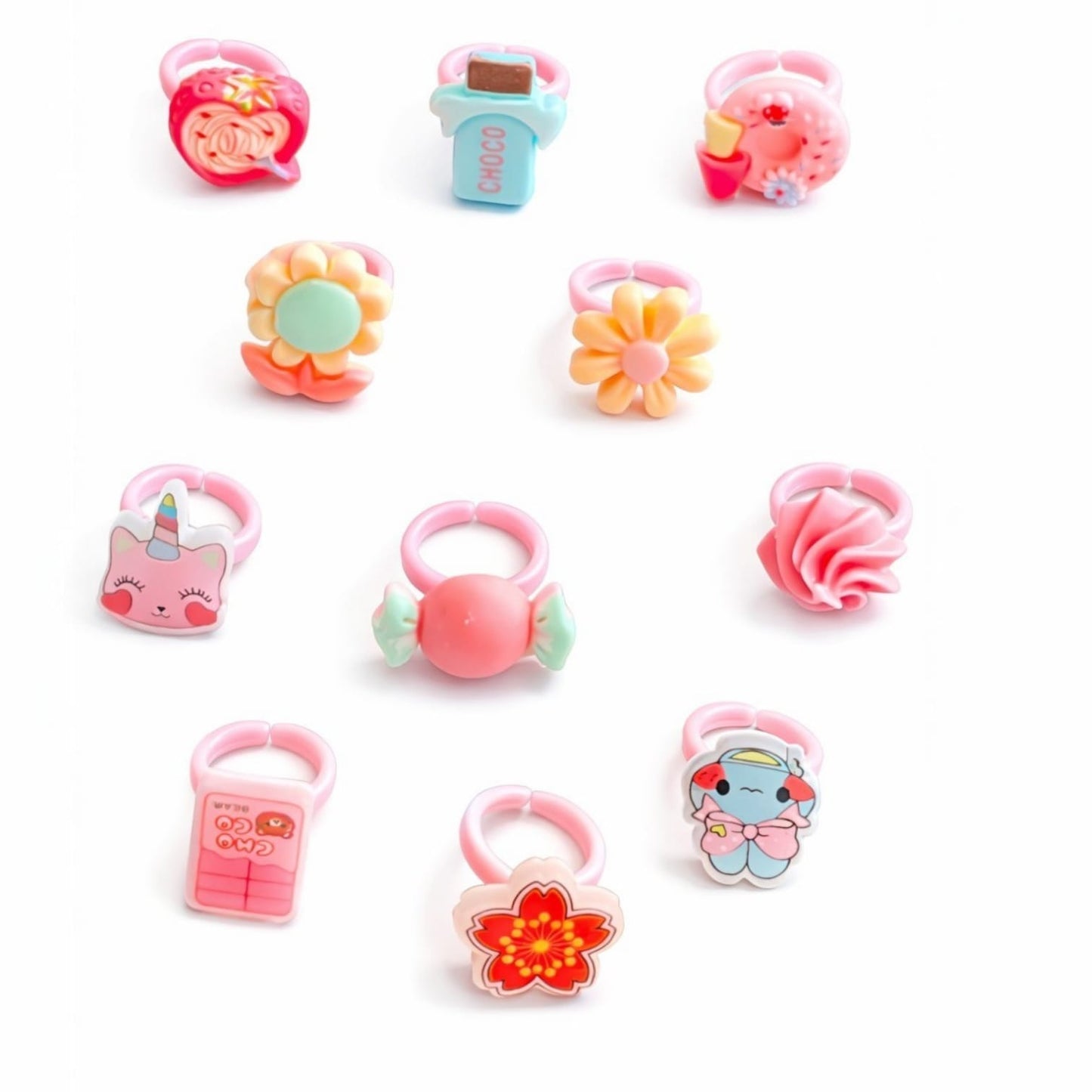 Cute Kids Adjustable Cartoon Rings 12 Pc Set for Girls