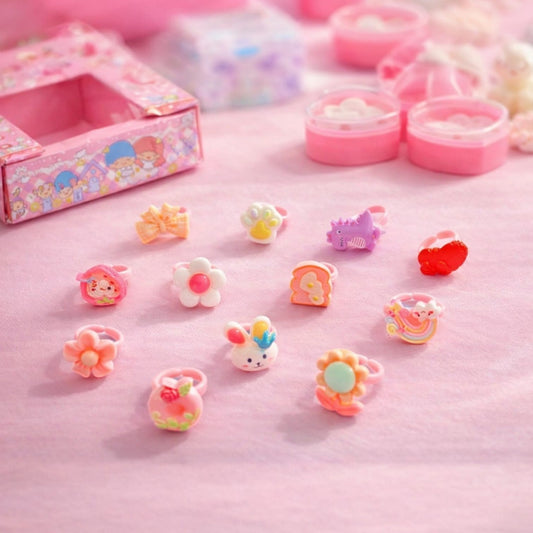 Cute Kids Adjustable Cartoon Rings 12 Pc Set for Girls