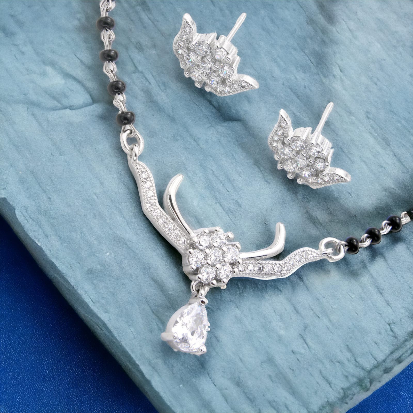 925 Sterling Silver Single Drop Stone Mangalsutra For Women