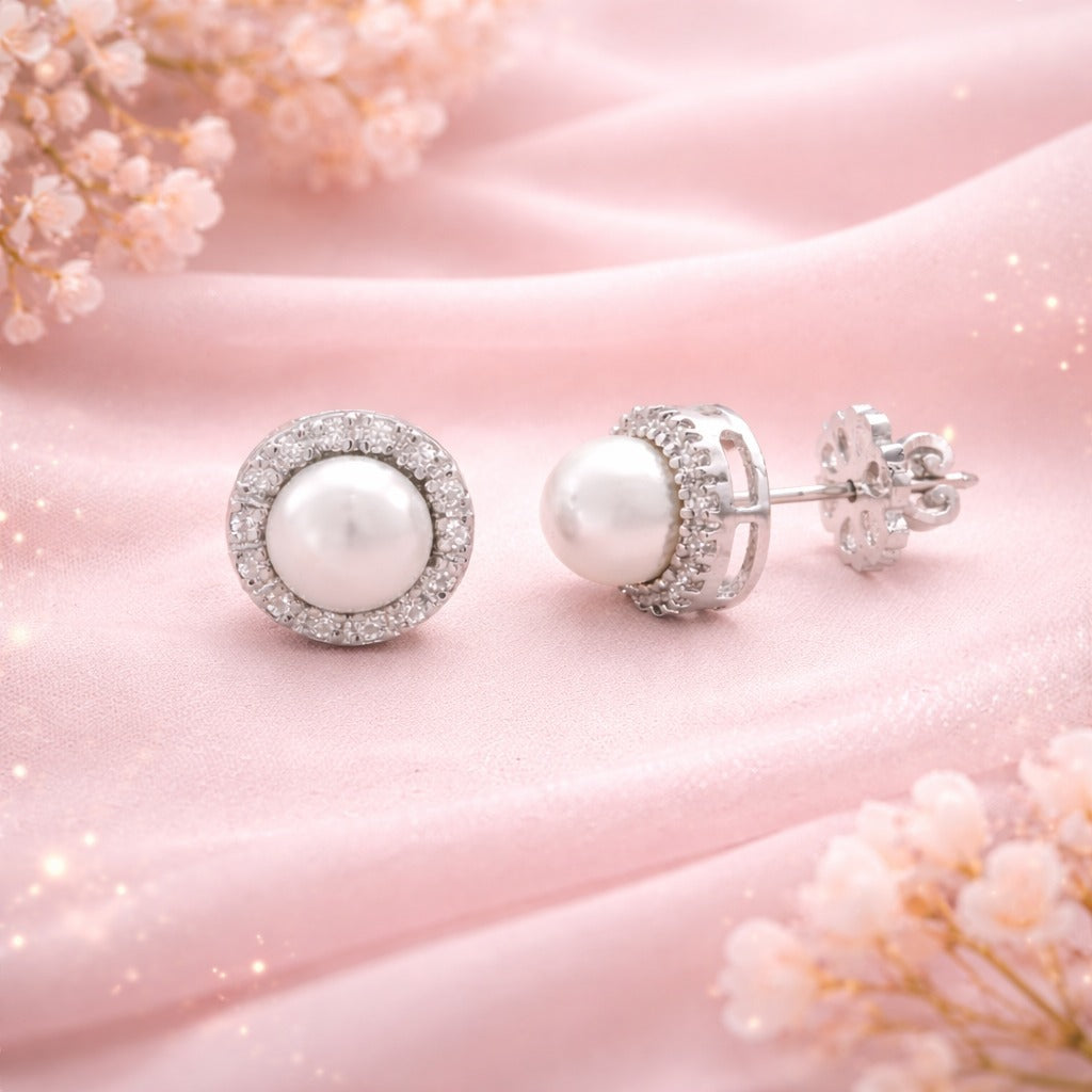 LBV white Pearl Earrings with CZ stones