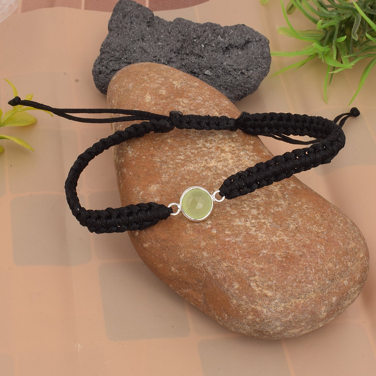 925 Sterling Silver Semi Precious Peridot Birth Stone Black Bracelet