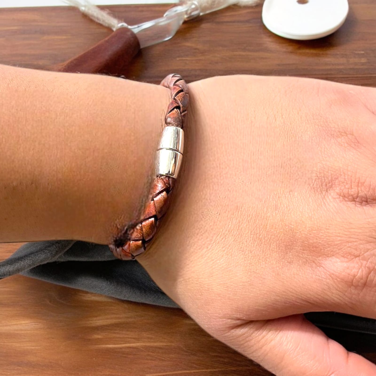 Braided Leather Bracelet With Magnetic Clasp - Three-Strand Brown, Cotton Rope, Steel, Unisex