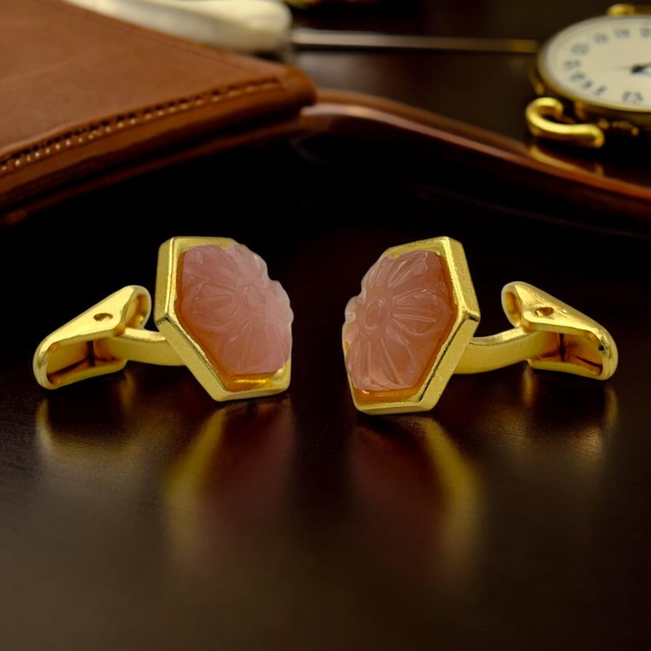 LBV 24K Gold Plated Rose Quartz Cufflinks