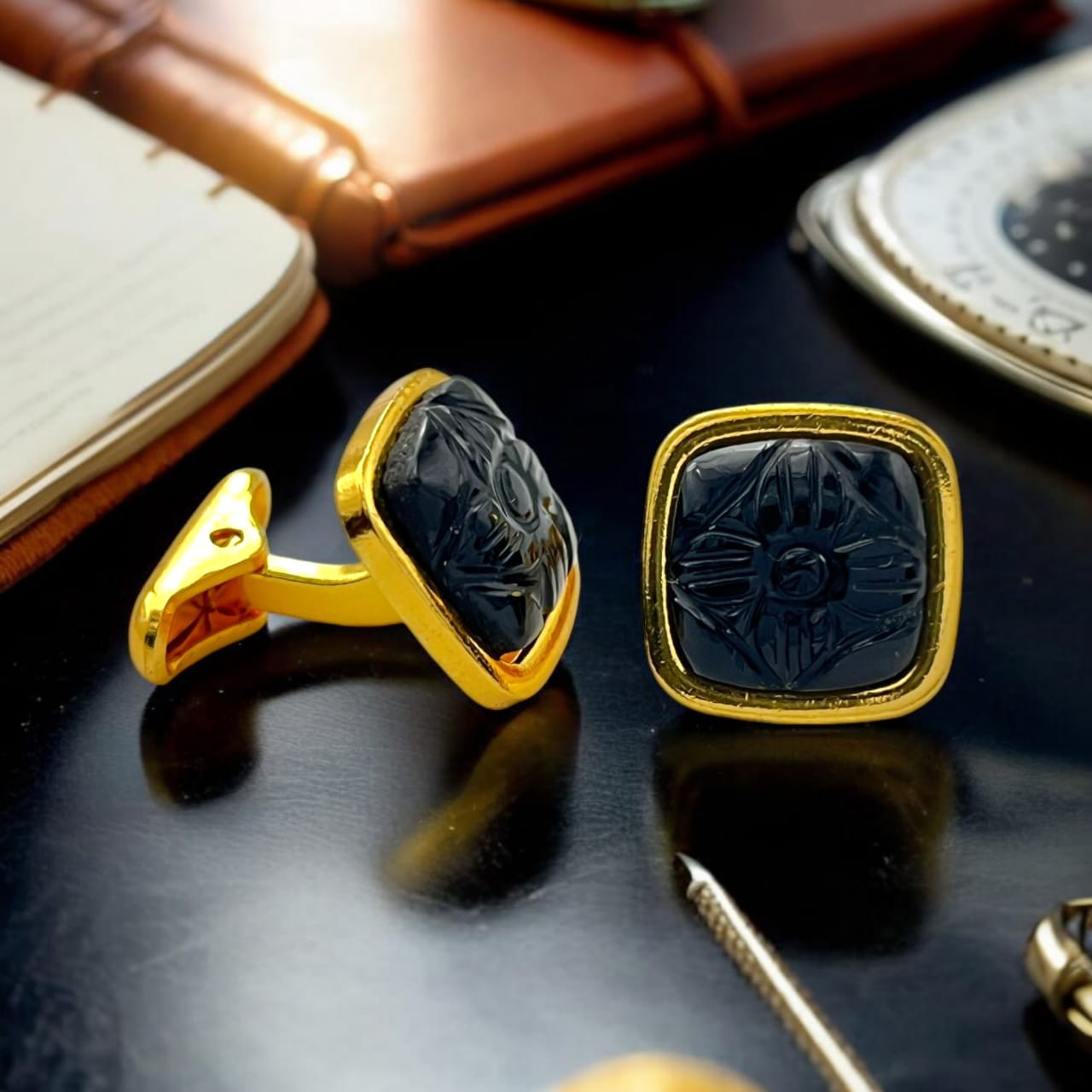 24kt Pure Gold Plated Premium Stone Carved Cufflink for Men