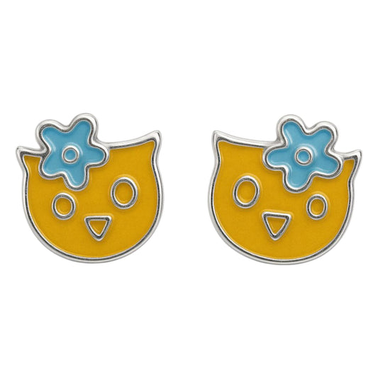 Cat Face With Blue Flower Earring For Kids Girls