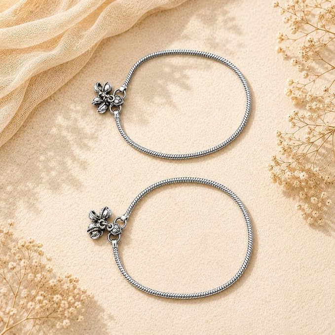 Silver-Tone Floral Charm Snake Chain Anklet