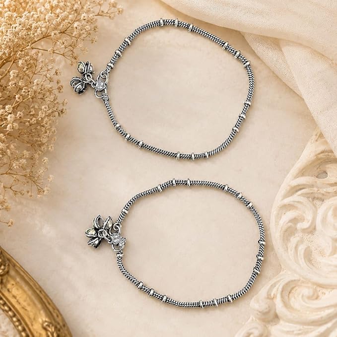 Oxidised Silver-Tone Artificial Beaded Ghungroo Anklet Pair