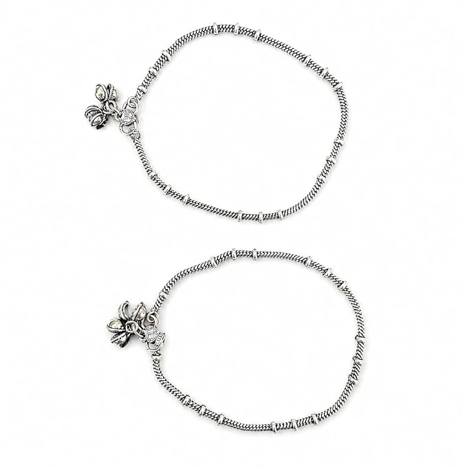 Oxidised Silver-Tone Artificial Beaded Ghungroo Anklet Pair