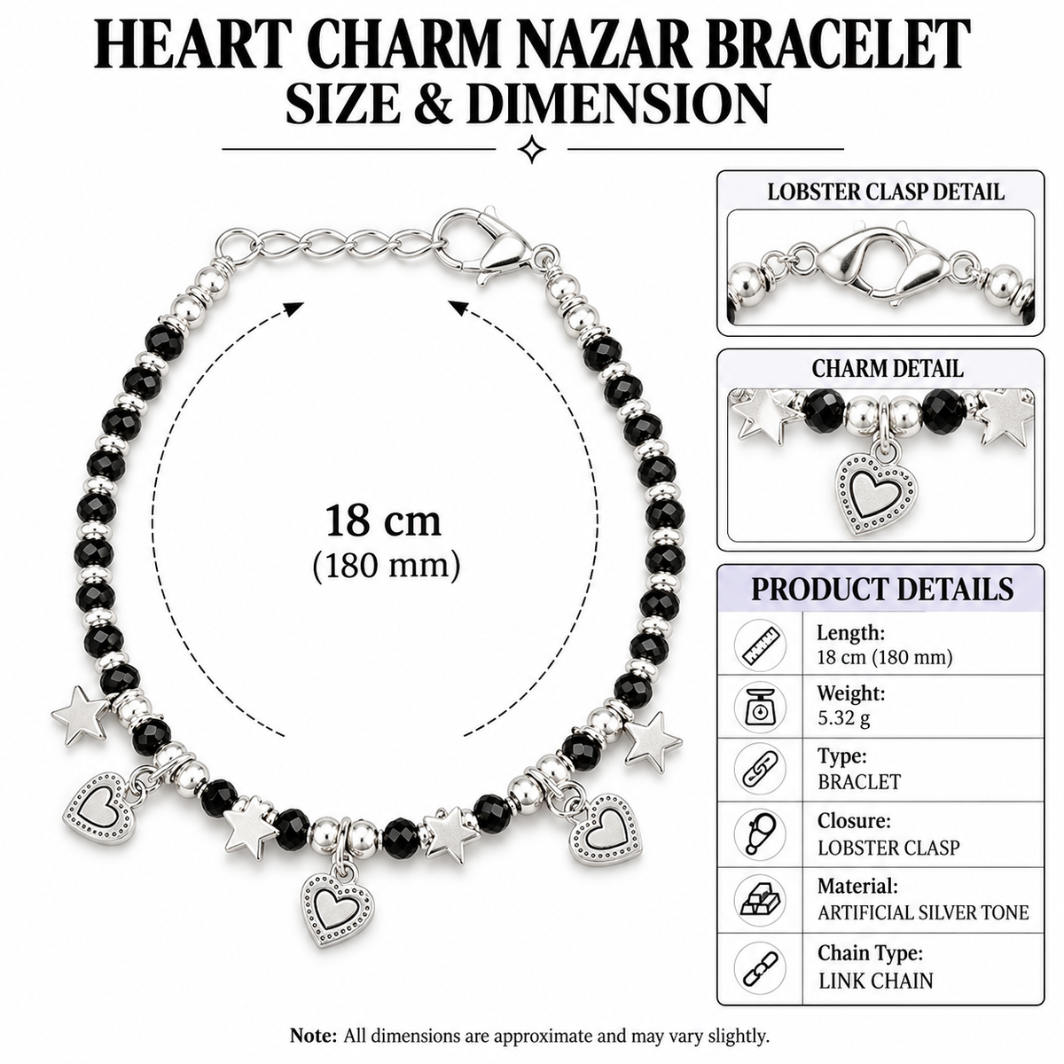 Black Beaded Heart Charms Nazarias Bracelet