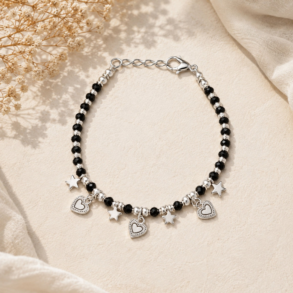 Black Beaded Heart Charms Nazarias Bracelet