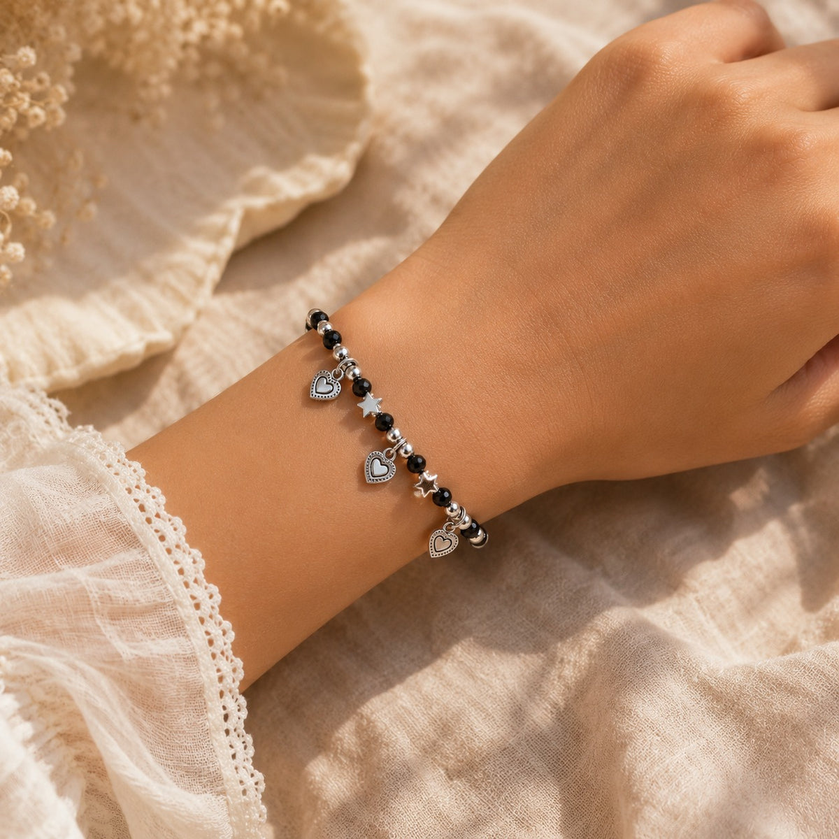 Black Beaded Heart Charms Nazarias Bracelet