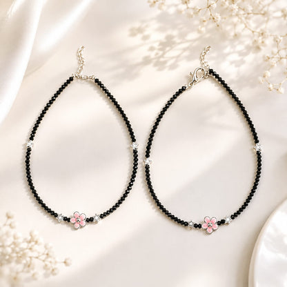 Black Beaded Silver-Tone Pink Flower Charm Anklet Pair for Girls