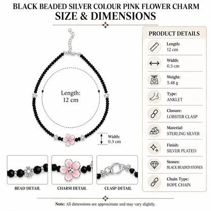 Black Beaded Silver-Tone Pink Flower Charm Anklet Pair for Girls