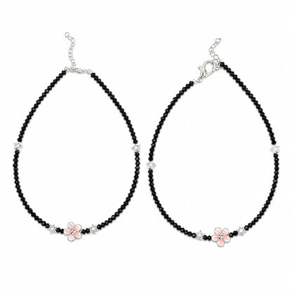 Black Beaded Silver-Tone Pink Flower Charm Anklet Pair for Girls