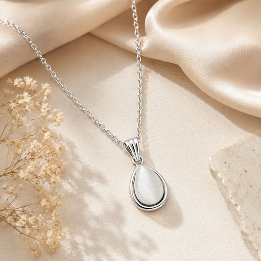Silver Tone Teardrop Pendant with Chain for Women and Girls