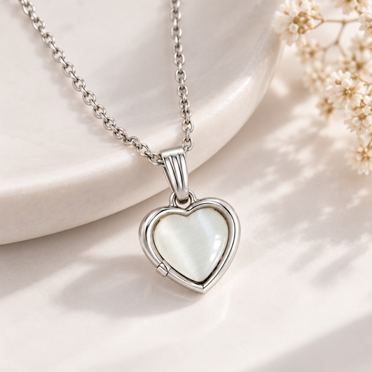 Silver-Tone White Heart Pendant With Chain for Women & Girls