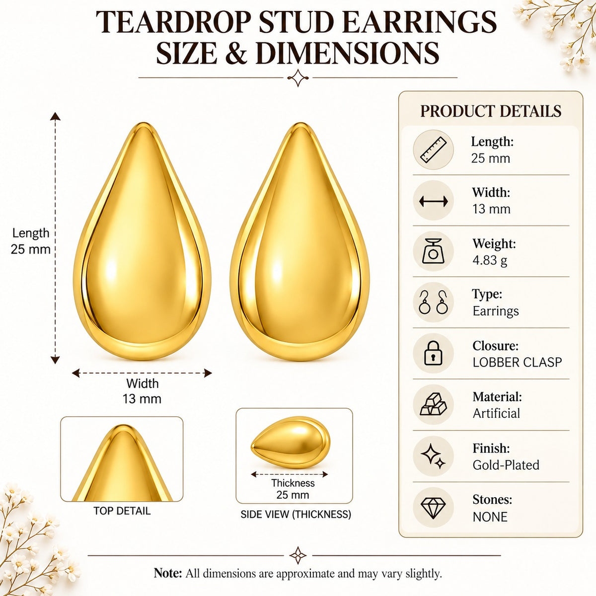 Golden Teardrop Stud Earrings for Women