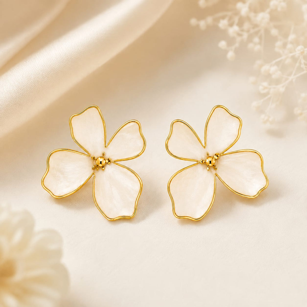 White Floral Flower Stud Earrings for Women & Girls