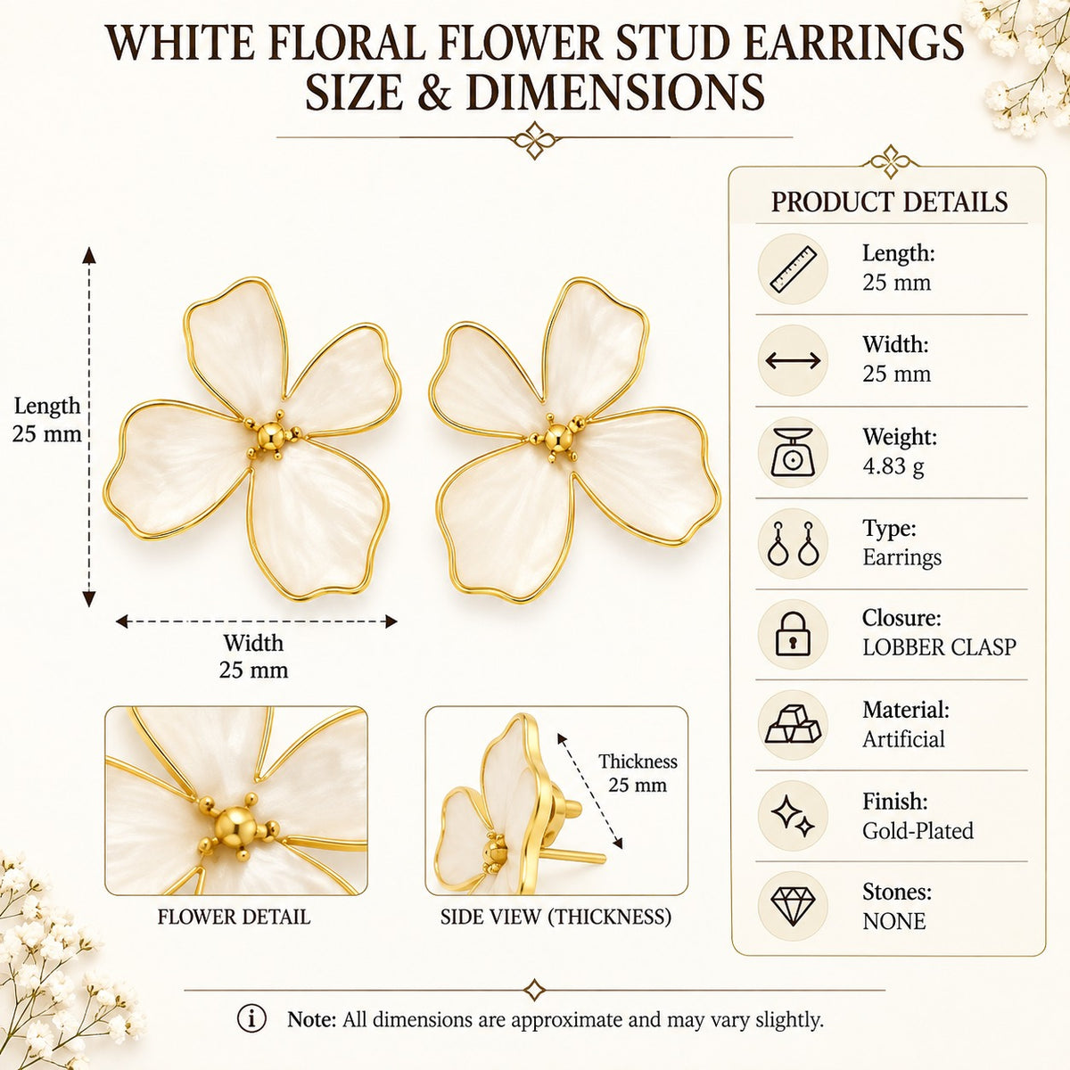 White Floral Flower Stud Earrings for Women & Girls