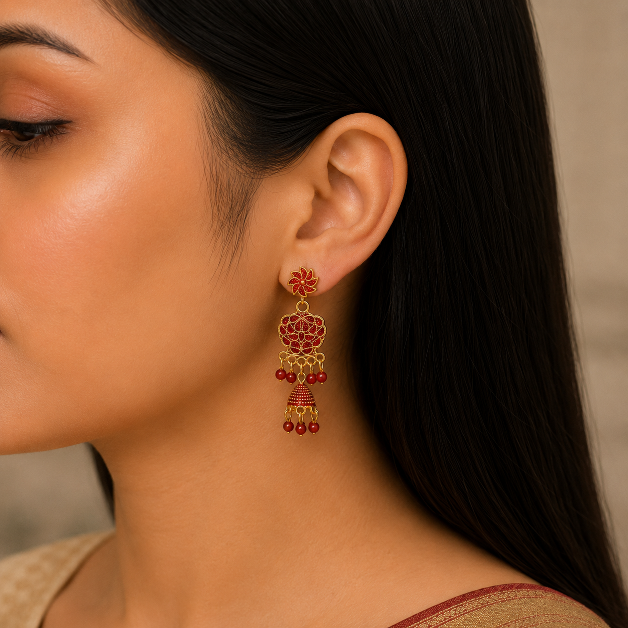 Red Diya Shaped Earrings