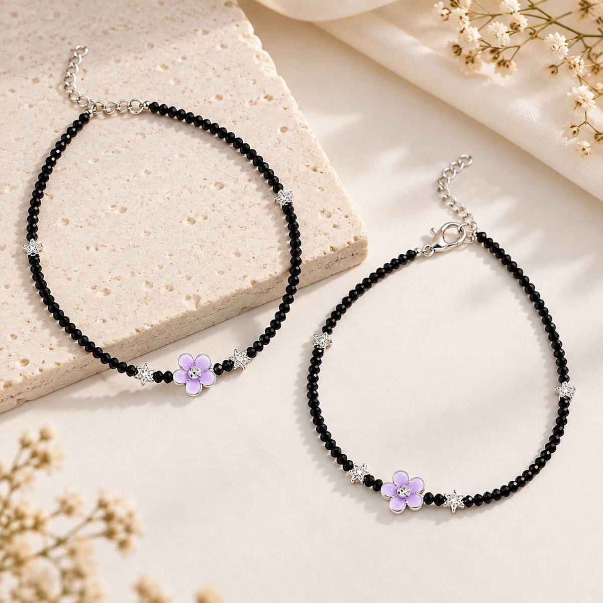 Black Beaded Silver-Tone Purple Flower Charm Anklet Pair for Girls