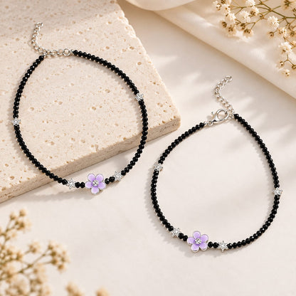 Black Beaded Silver-Tone Purple Flower Charm Anklet Pair for Girls