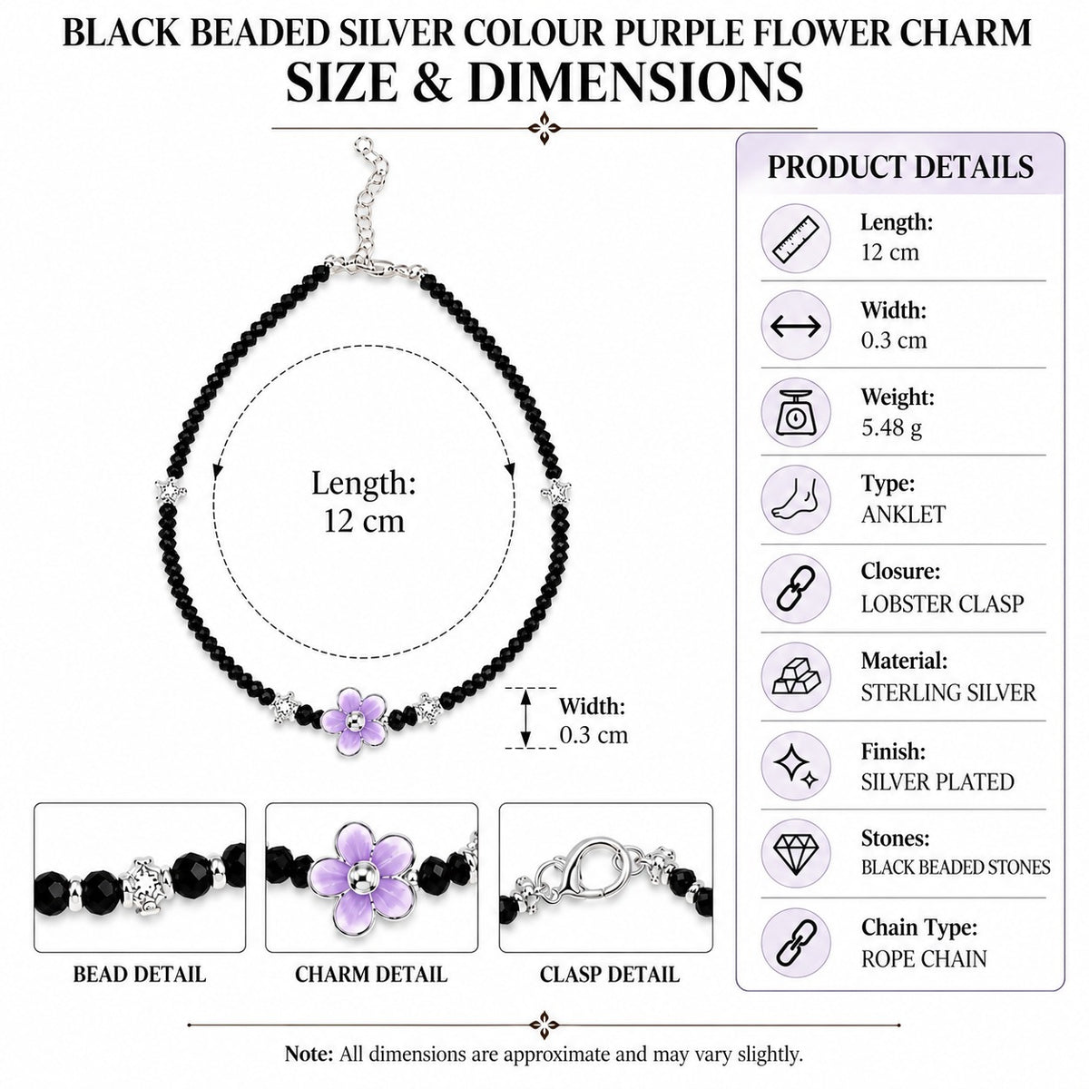 Black Beaded Silver-Tone Purple Flower Charm Anklet Pair for Girls