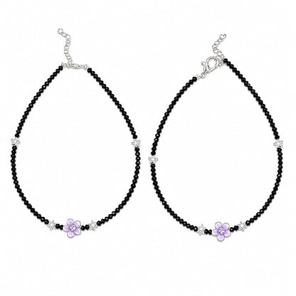 Black Beaded Silver-Tone Purple Flower Charm Anklet Pair for Girls