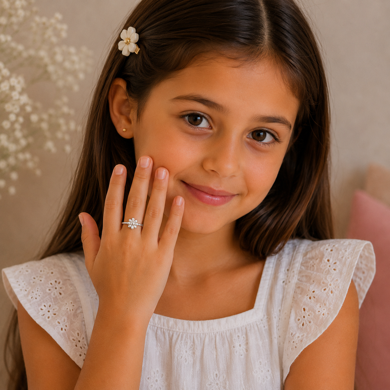 Silver Plated Solid Flower Heart Design Ring