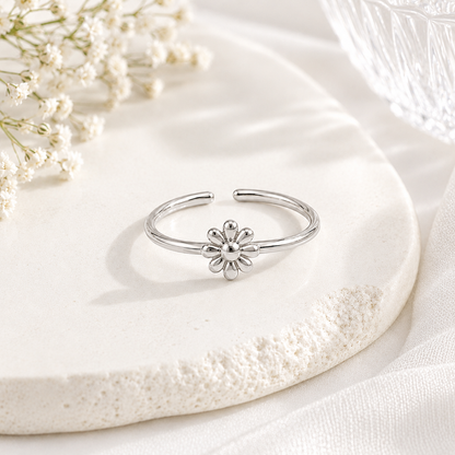 Silver Plated Solid Flower Heart Design Ring