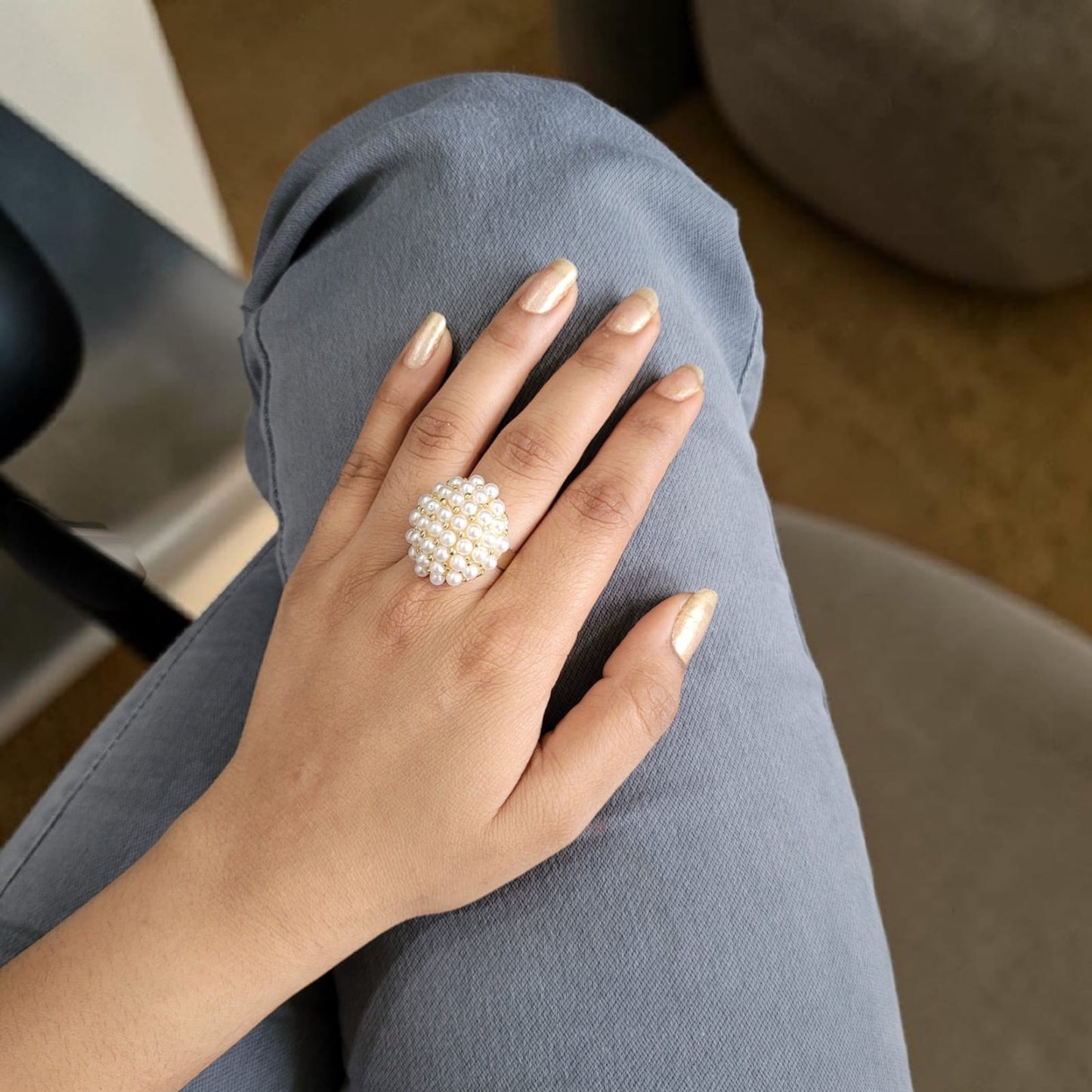 Gold Plated Pearl Cluster Statement Ring