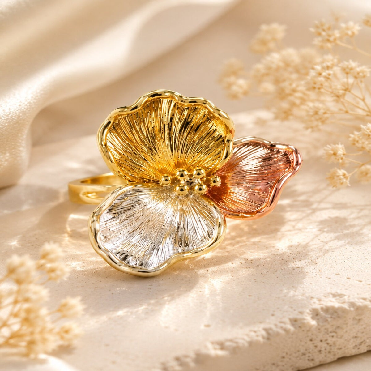 Gold Plated Tricolor Flower Ring