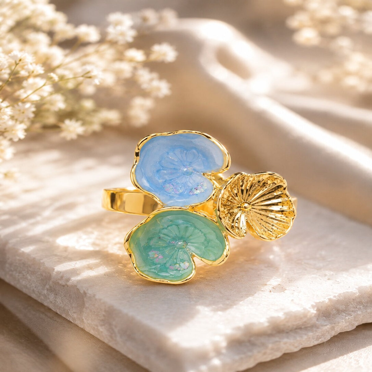 Gold Plated Blue Floral Ring