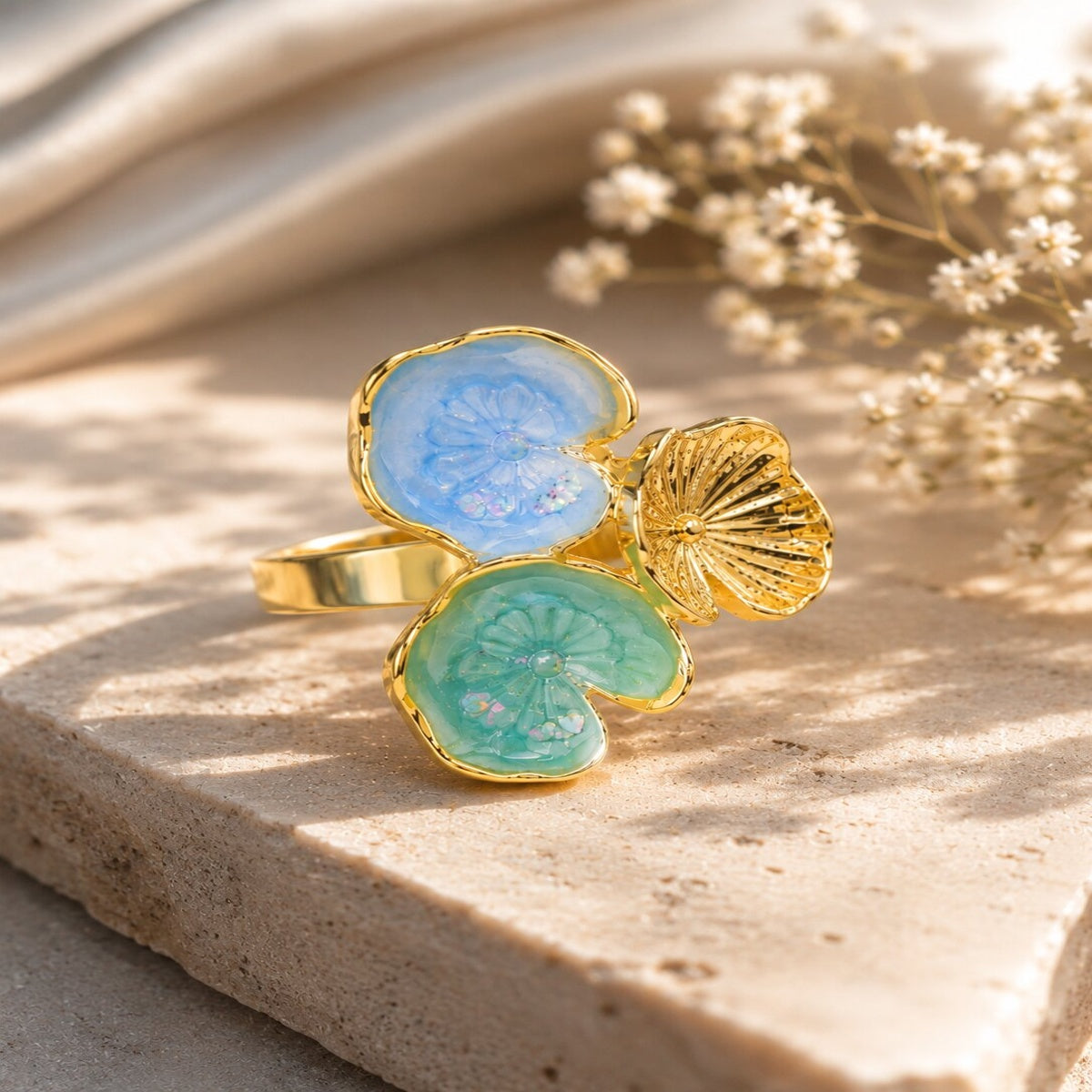 Gold Plated Blue Floral Ring