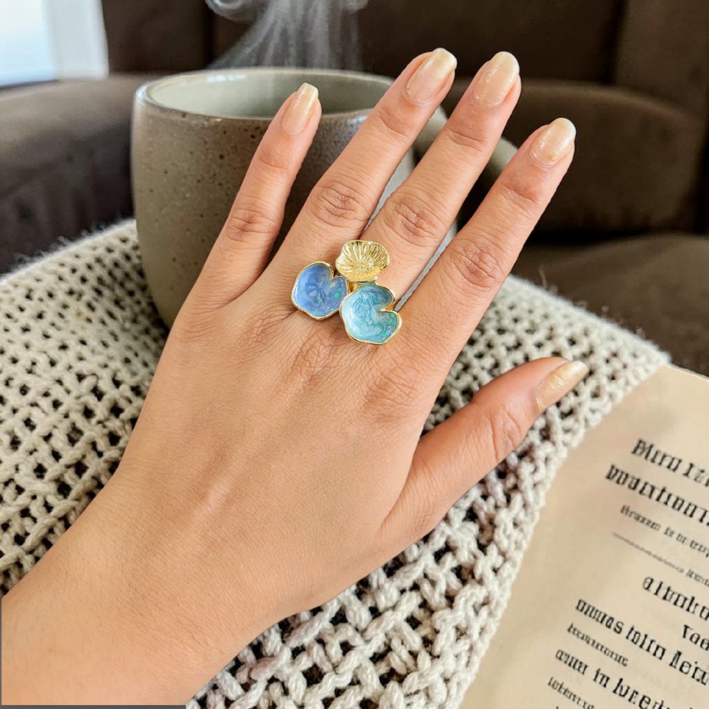 Gold Plated Blue Floral Ring