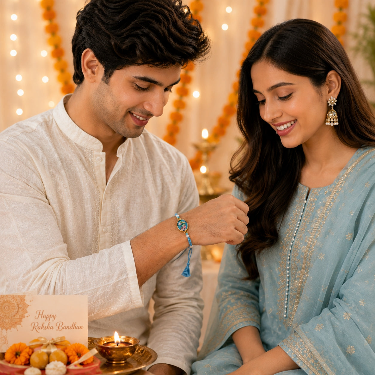 Bhaiya Bhabhi Rakhi Set with Floral Charm