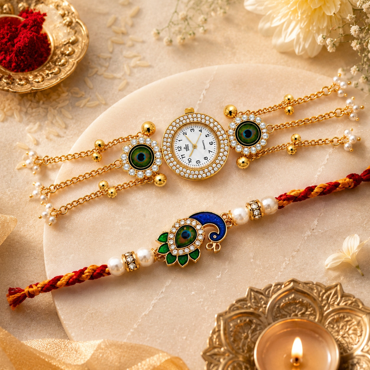 Peacock Designer Rakhi with Bhaiya Bhabhi Watch Bracelet Set
