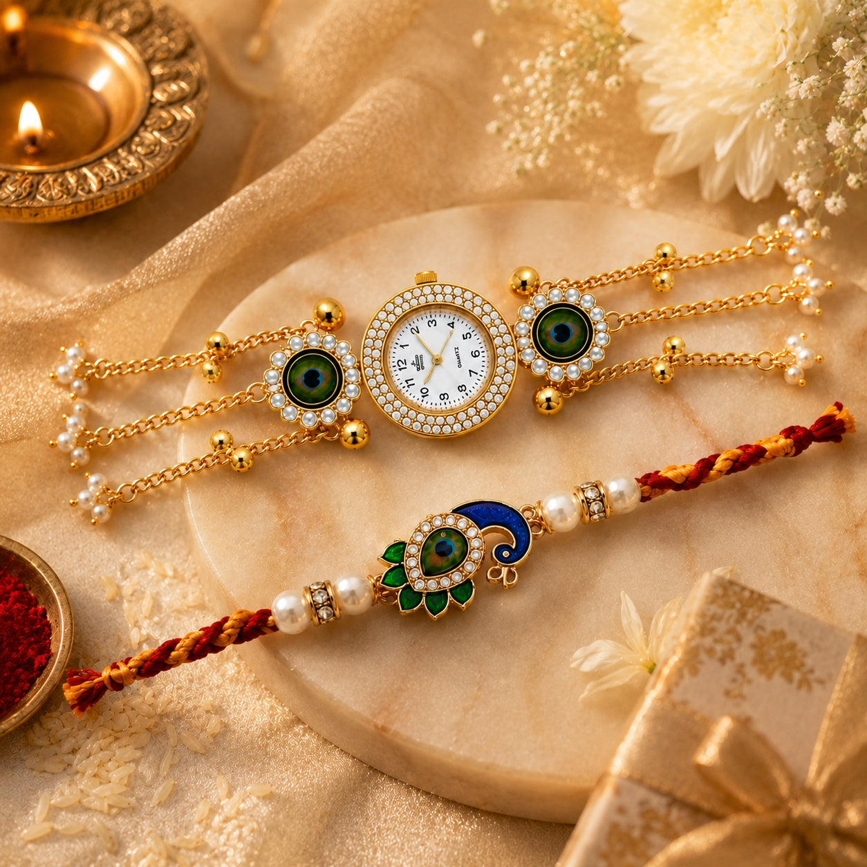 Peacock Designer Rakhi with Bhaiya Bhabhi Watch Bracelet Set